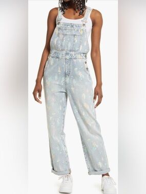 Nordstrom Light Blue Denim Overalls with Pastel Paint-Splatter